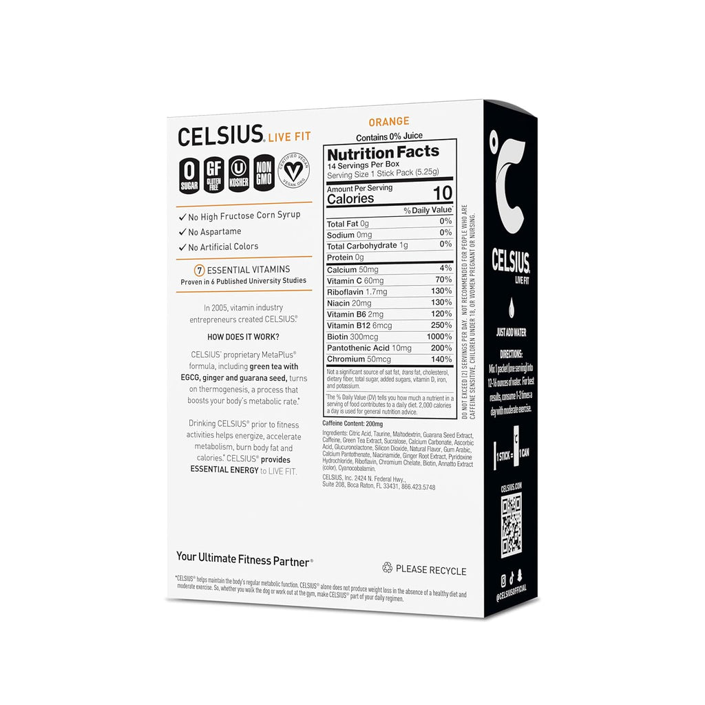 CELSIUS On-the-Go Powder Stick Zero Sugar (14 Sticks per Pack), Orange, 2.60 Oz (Pack of 2)