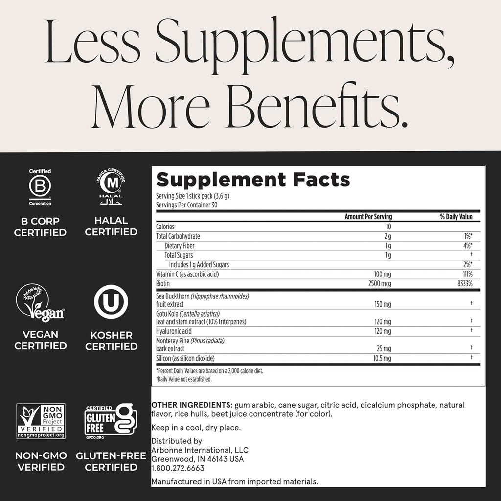 Arbonne SkinElixir Collagen Powder Builder - Açaí-Flavored Vegan Supplement for Women with Hyaluronic Acid, Vitamin C, Biotin & Antioxidants - Supports Healthy Skin, Hair & Nails - 30 Stick Packs