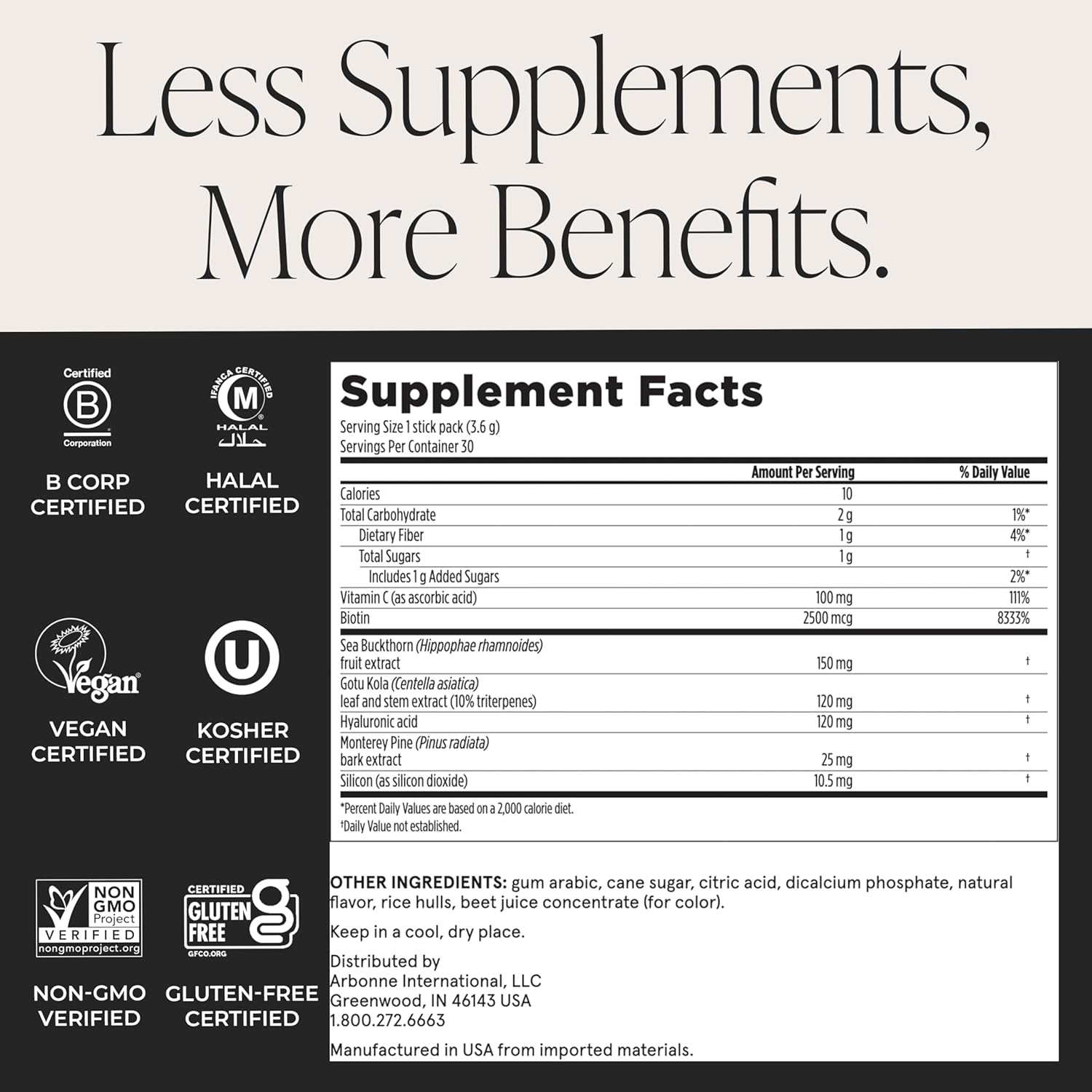 Arbonne SkinElixir Collagen Powder Builder - Açaí-Flavored Vegan Supplement for Women with Hyaluronic Acid, Vitamin C, Biotin & Antioxidants - Supports Healthy Skin, Hair & Nails - 30 Stick Packs