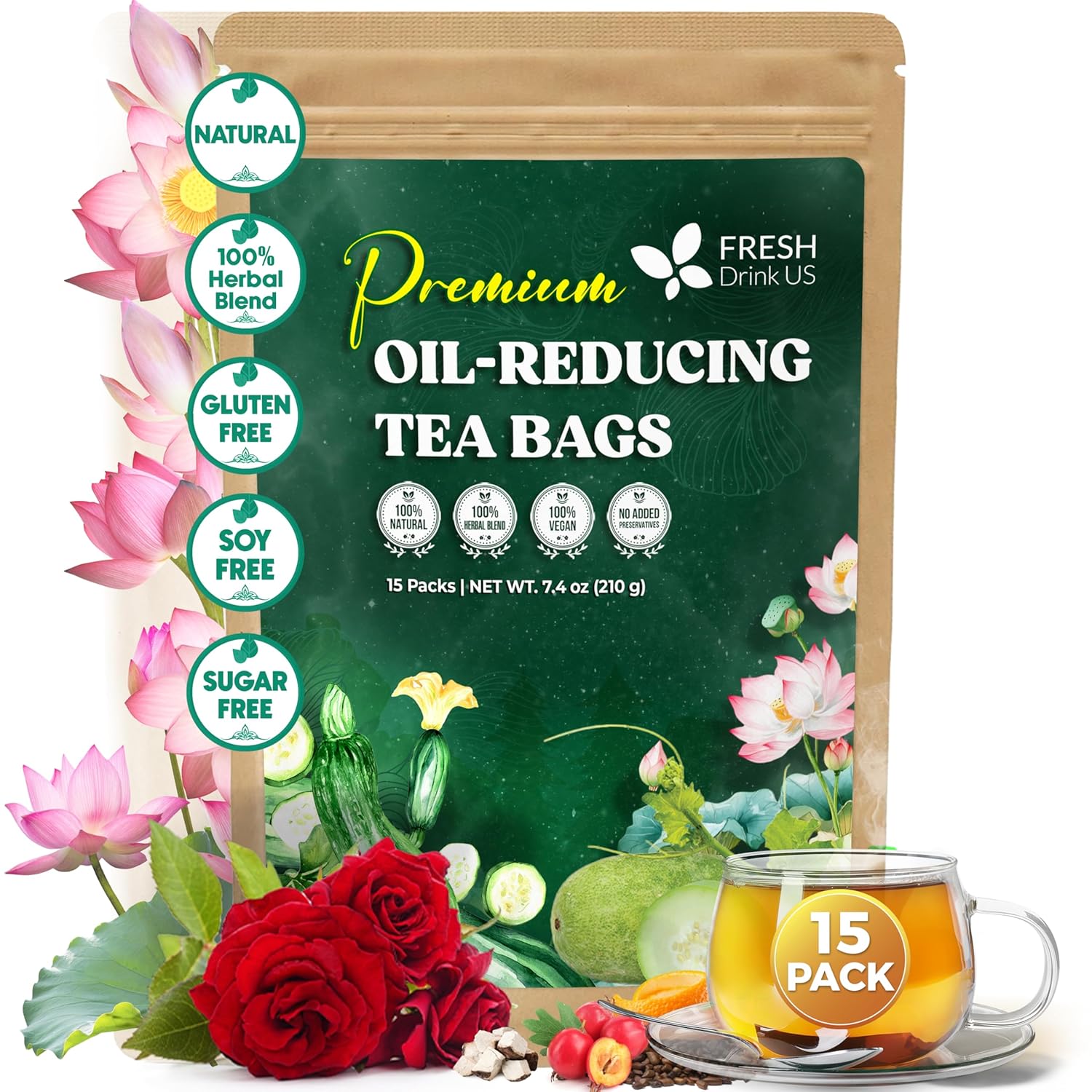 FRESHDRINKUS, 15 Packs of Oil Reducing Tea, Oil Cleansing for Liver, 10 Herbal Ingredients, Traditional Recipe Tea for Liver, 100% Natural, Easy Brewing, Steep Repeatedly (15 Packs)