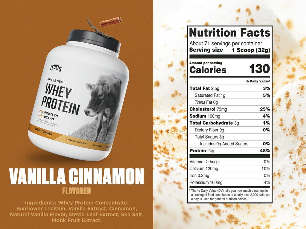 Levels Grass Fed Whey Protein Powder, No Artificials, 24G of Protein, Vanilla Cinnamon, 5LB