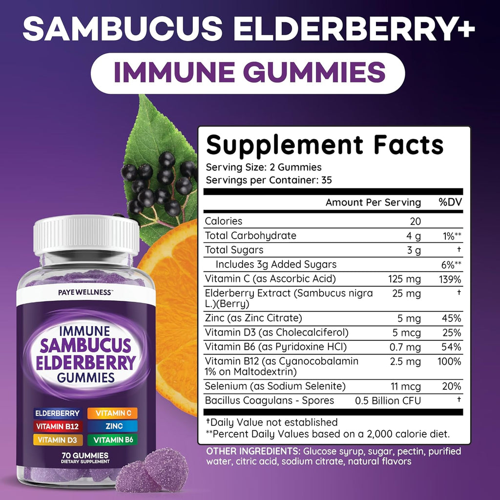 Elderberry Gummies Immune Support, Daily Support for Kids and Adults*, with Sambucus Elderberry, Zinc, Vitamin C, D3, B6, B12, Plus - Dietary Supplement - 140 Count