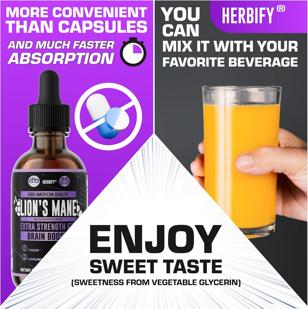 HERBIFY Lions Mane Supplement - Daily Mushroom Supplement for Memory, Focus & Clarity - Brain Booster - Lions Mane Tincture for Immune Support - 4 Fl oz Grape Flavor