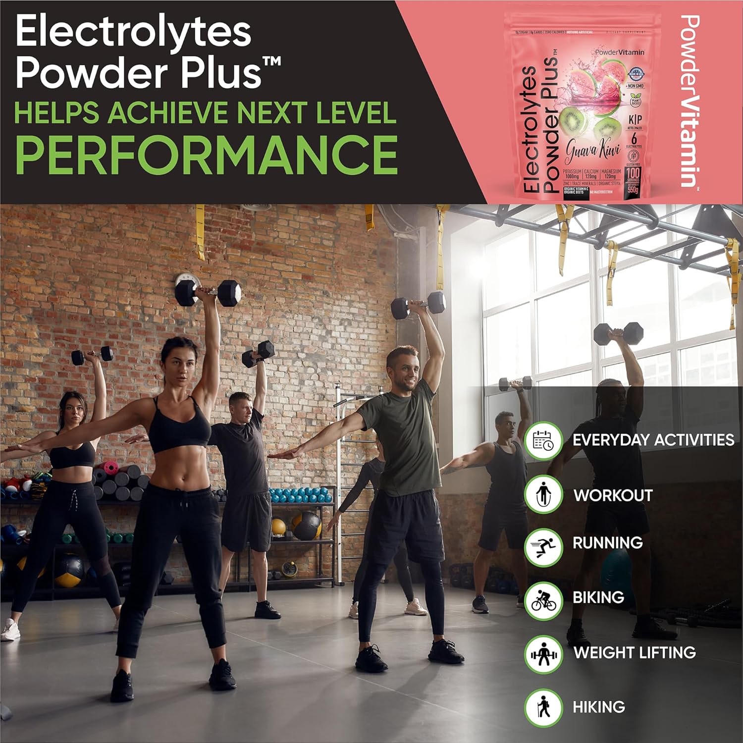 PowderVitamin Electrolytes Powder Plus (100 Servings) Guava Kiwi Electrolyte Powder, Zero Calorie, Keto, 0 Sugar, No Maltodextrin, 1000mg Potassium, 120mg Calcium, 120mg Magnesium, Hydration Powder