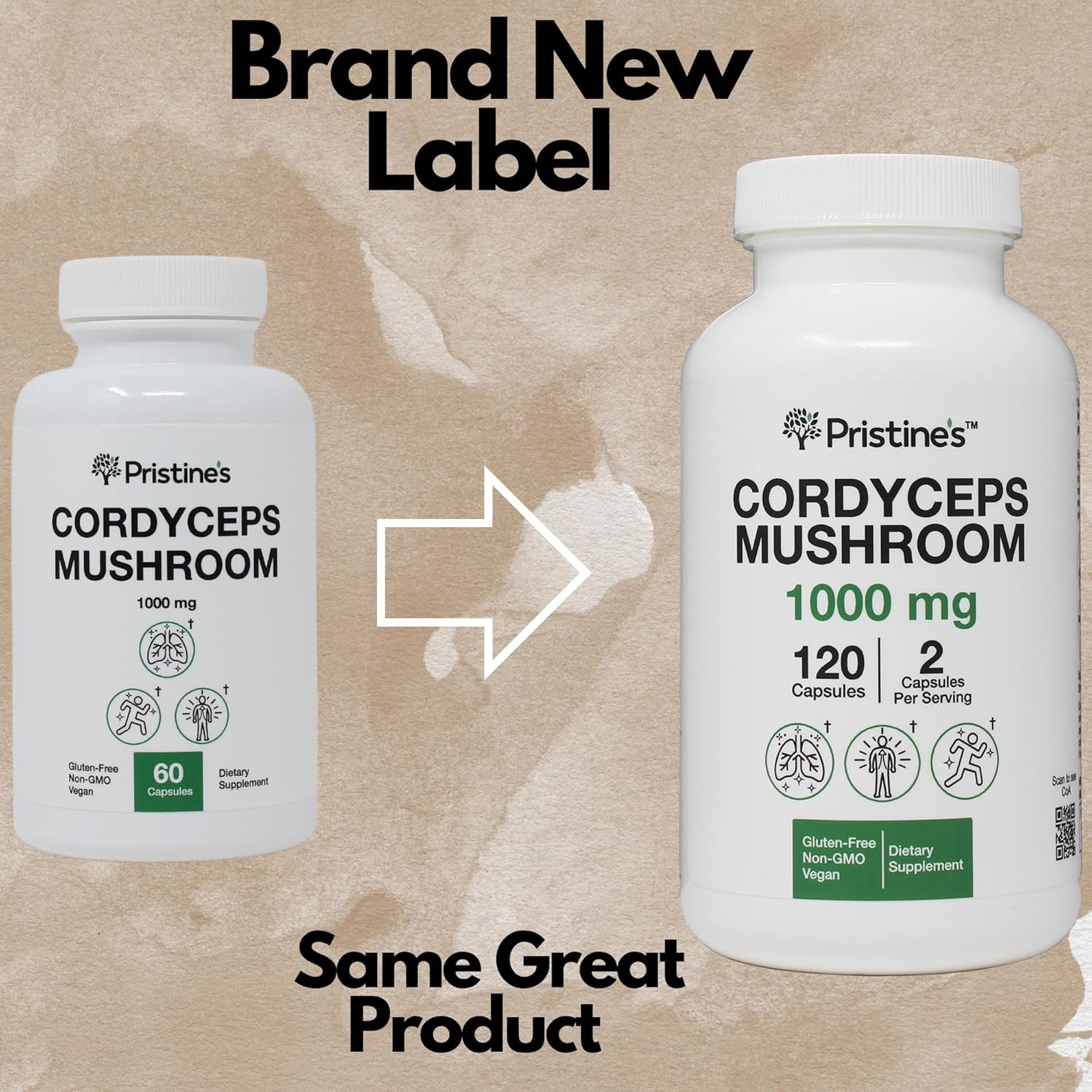 PRISTINE'S Cordyceps Mushroom Capsules - 60 Day Supply 1000 MG - Athletic Performance, Endurance & Immunity Adaptogen Supplement - Anti Aging Support Antioxidant