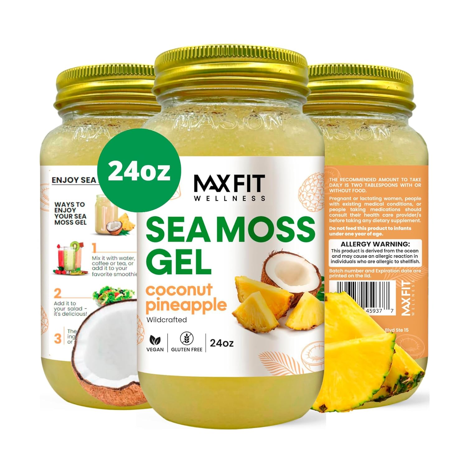 Sea Moss Gel Raw Coconut Pineapple (25 Flavors) 24oz Wildсrafted Gold Sea Moss Gel from Saint Lucia | 92 Vitamins and Minerals | Pure Raw+Non-GMO