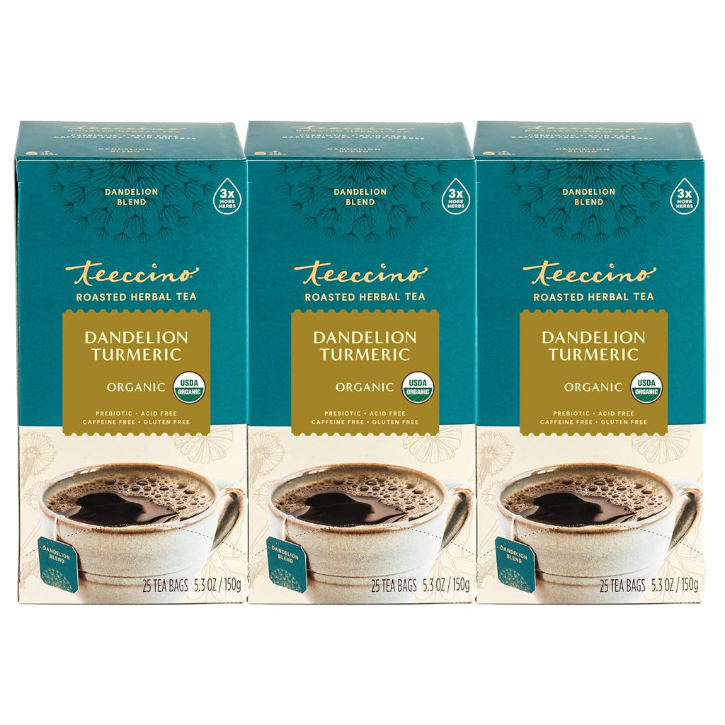 Teeccino Dandelion Turmeric Tea - Caffeine-Free, Organic, Roasted Herbal Tea with Prebiotics, 3x More Herbs than Regular Tea Bags, Gluten Free - 25 Tea Bags (Pack of 3)