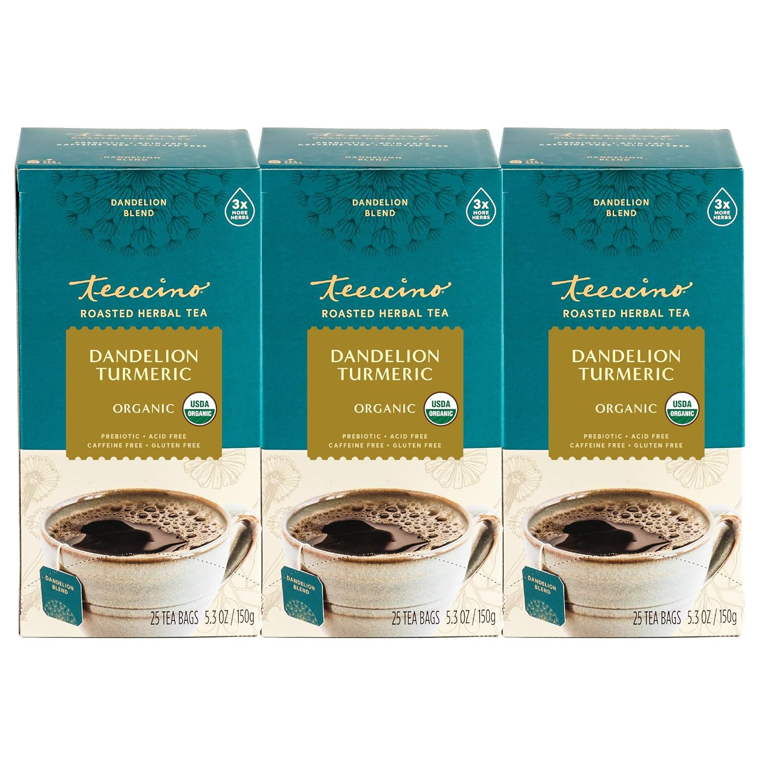 Teeccino Dandelion Turmeric Tea - Caffeine-Free, Organic, Roasted Herbal Tea with Prebiotics, 3x More Herbs than Regular Tea Bags, Gluten Free - 25 Tea Bags (Pack of 3)