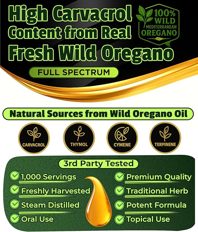Organic Oregano Oil Drops - 1,000 Servings, 12 Month Supply, Wild Oil of Oregano 9X Carvacrol, Immune & Digestive Support, Non-GMO, Food Grade Herbal Supplement, Alternative to oil of Oregano Tincture