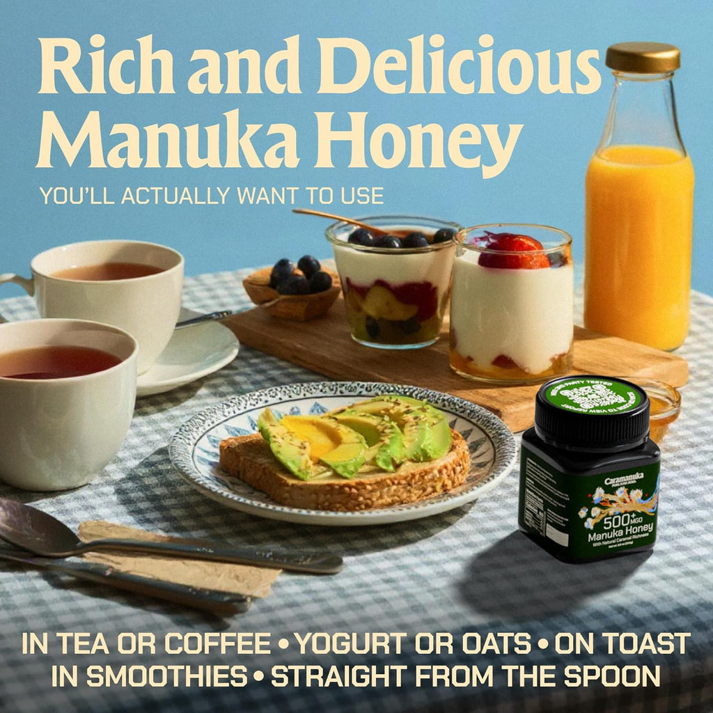 Caramanuka Manuka Honey MGO 500 – 100% Raw & Unfiltered Australian Honey, Independently Lab-Tested for MGO & Glyphosate, Bold Caramel Flavor, 8.8 oz (250g)