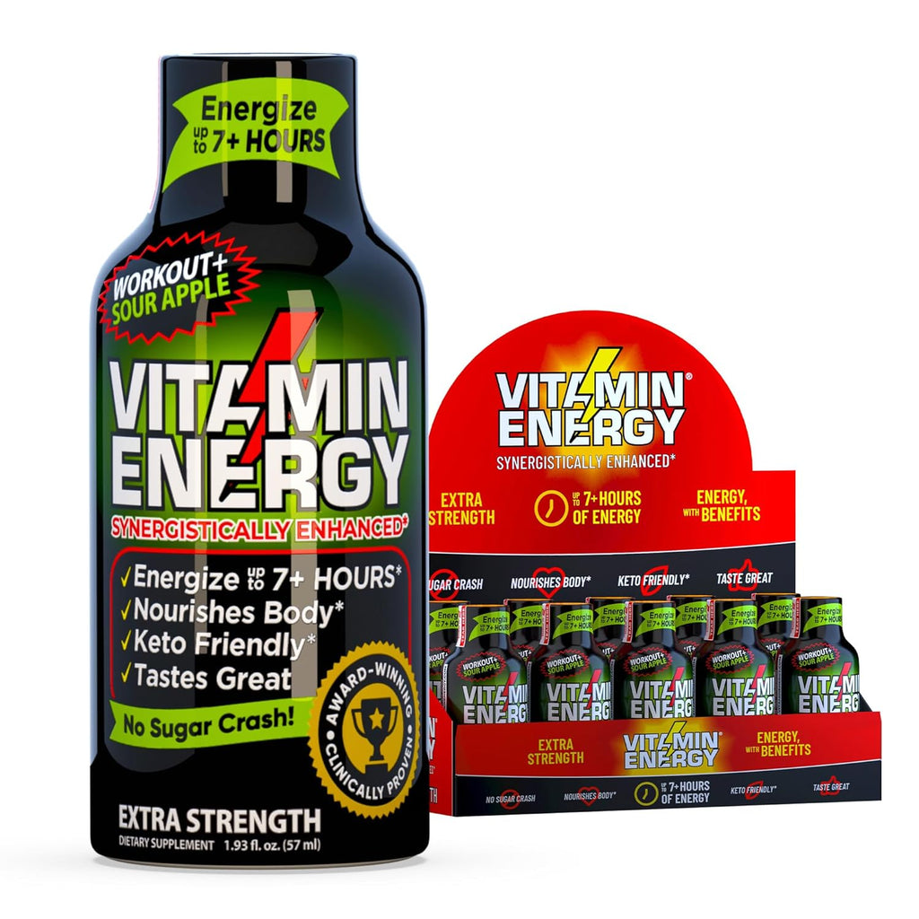 Vitamin Energy Workout+ Extra Strength Energy Shot Sour Apple 10 Pack, 260mg Natural Caffeine, Pre-Workout, B-Vitamins, Minerals, Endurance & Performance, Zero Sugar, Gluten-Free, Vegan, 1.93 fl oz