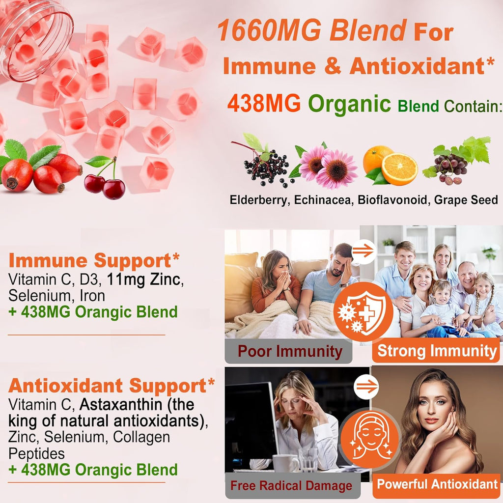 Natural Liposomal Vitamin C 1000mg Gummies for Adults Kids 9+, 1660mg Chewable Vitamin C w/ 11mg Zinc, D3, Elderberry, Echinacea, Bioflavonoid, Astaxanthin - Organic VIT C from Fruits, Sugar Free