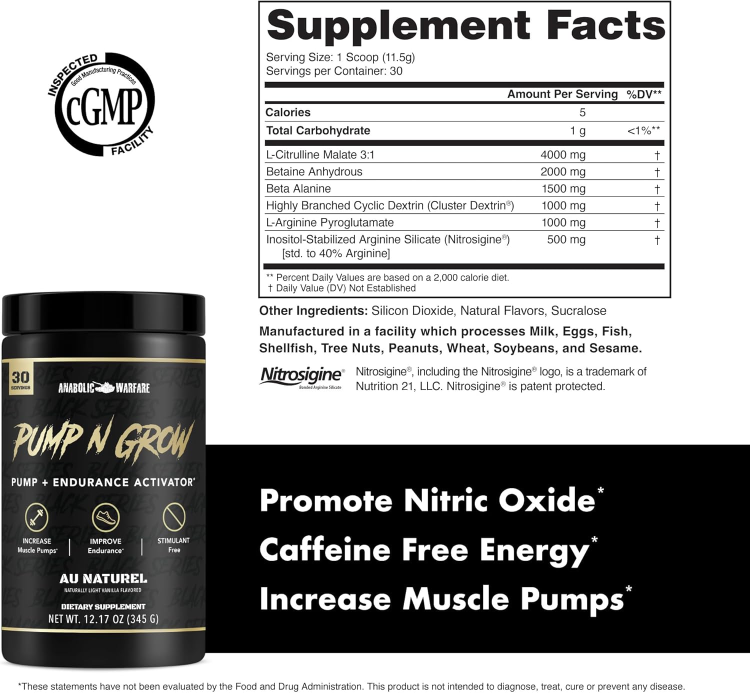 Anabolic Warfare Pump-N-Grow Muscle Pump Supplement Caffeine Free Pre Workout with L-Citrulline, L-Arginine, Beta-Alanine (Au Naturel – 30 Servings)