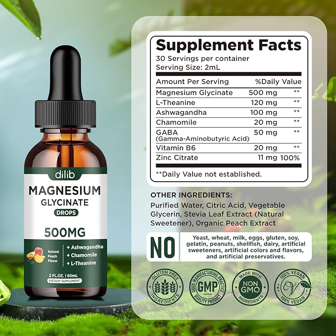 Magnesium Glycinate Liquid Drops Supplement, with Magnesium Glycinate 500mg Ashwagandha, L - Theanine, Chamomile -Support Stress Relief, Bone, Muscle, Mood Peach Flavor 2Pack