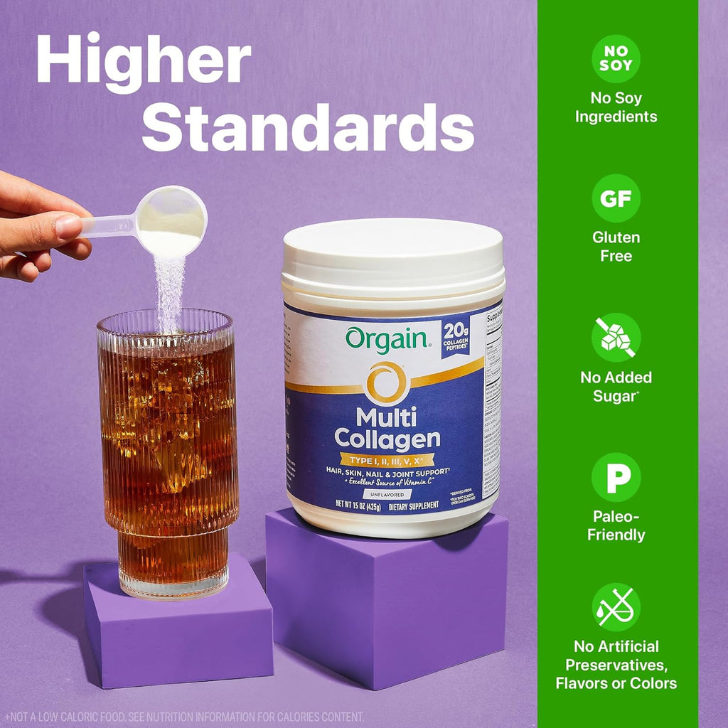 Orgain Hydrolyzed Multi Collagen Powder for Women & Men, 20g Collagen, Supports Hair, Skin, Nail & Joint Health, Type I, II, III, V, X, Vitamin C & Amino Acids, Non-GMO, Unflavored (21 Servings) 15oz