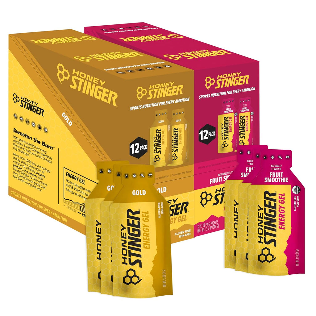 Honey Stinger Energy Gel Variety Pack 12 Packs Each of Gold and Organic Fruit Smoothie Gluten Free & Caffeine Free Sports Nutrition for Home & Gym, Pre and Mid Workout