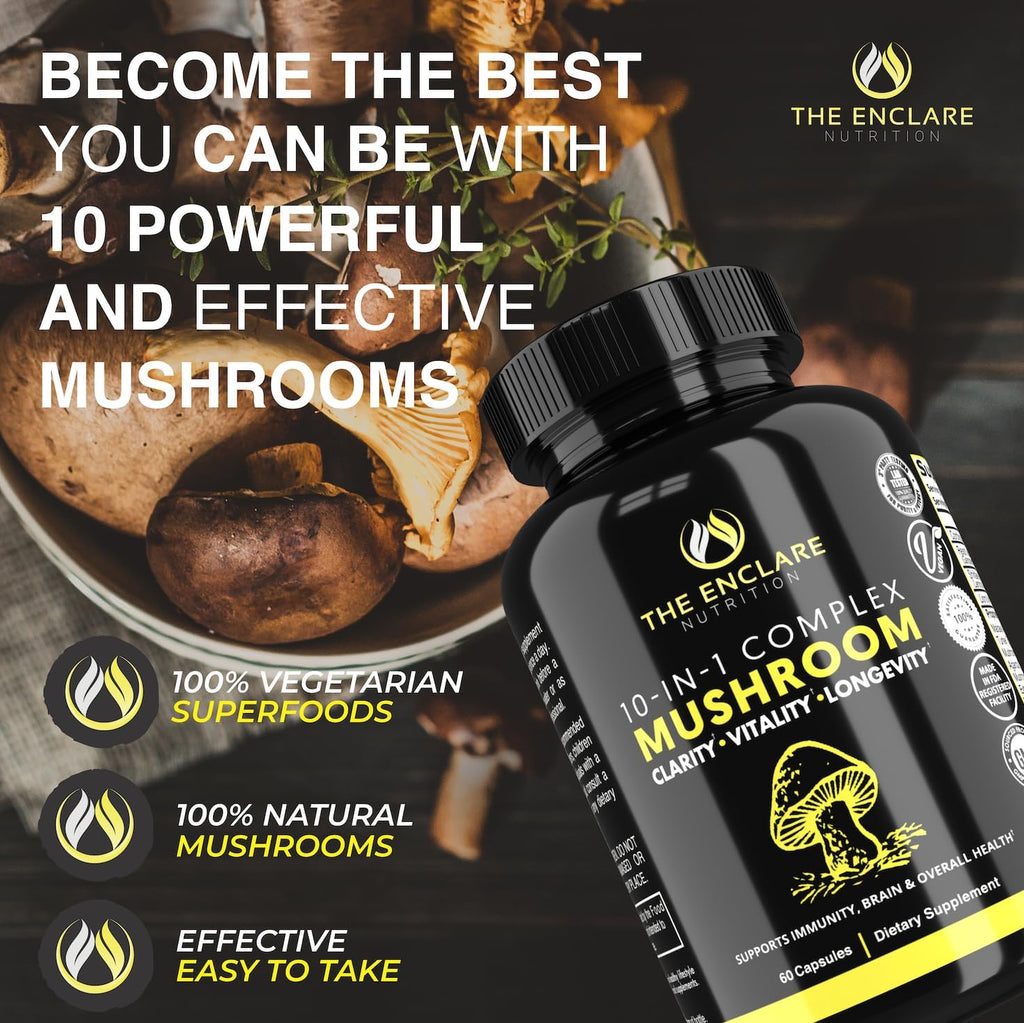 THE ENCLARE NUTRITION Mushroom Supplement - 10in1 Complex Immune Support, Energy, Nootropic Brain, Immunity Booster Lions Mane,Reishi,Turkey Tail,Cordyceps,Chaga,Maitake,Shiitake,Agaricus(3)