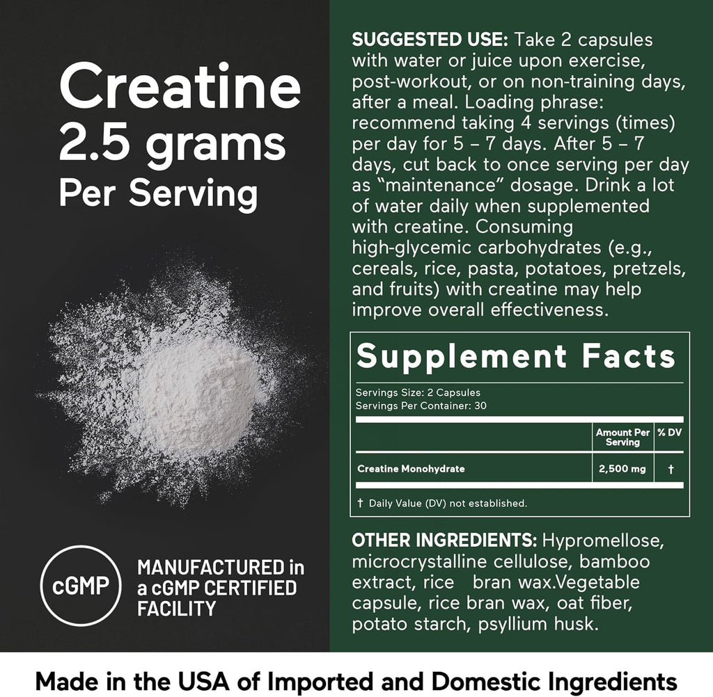 SMARTERNUTRITION Creatine Monohydrate Pills with 2500mg (2.5g) Per Serving, Vegan Capsules - Pre & Post Workout Recovery Support, Promotes Muscle Mass &. Endurance - 60 Count[30-Day Supply]
