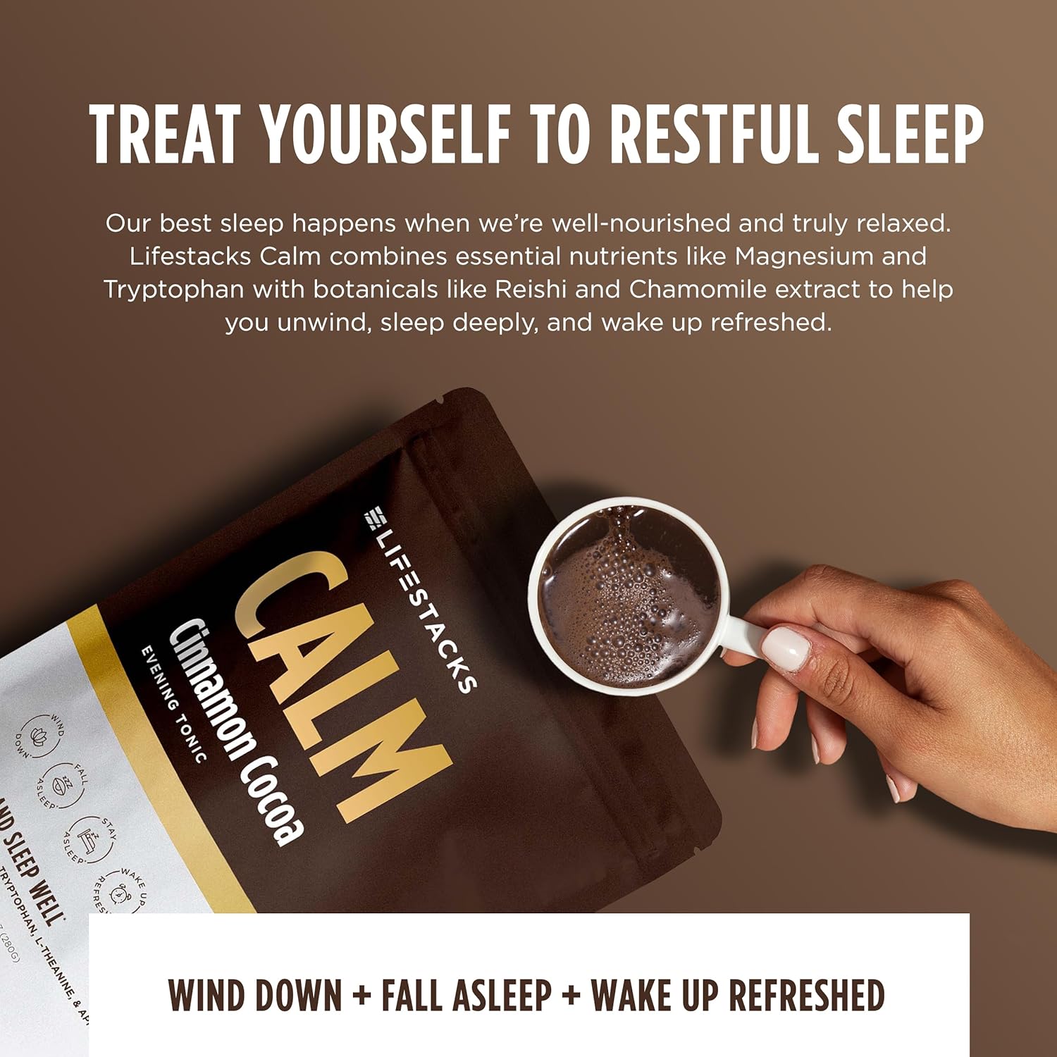 Calm Evening Tonic Sleep Powder - Cinnamon‑Cocoa Nighttime Superfood Drink Mix - Magnesium, L‑Theanine, Reishi Mushroom & L‑Tryptophan for Deep Sleep & Recovery, No Grogginess - 20 Servings