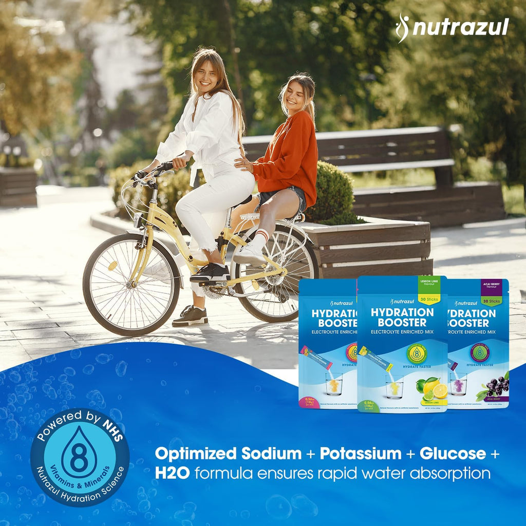 nutrazul Hydration Booster, Electrolytes Powder Sticks with Sodium, Potassium, Vitamin B6 & B12, No Artificial Sweeteners, Acai Berry Flavor, 30 Sticks