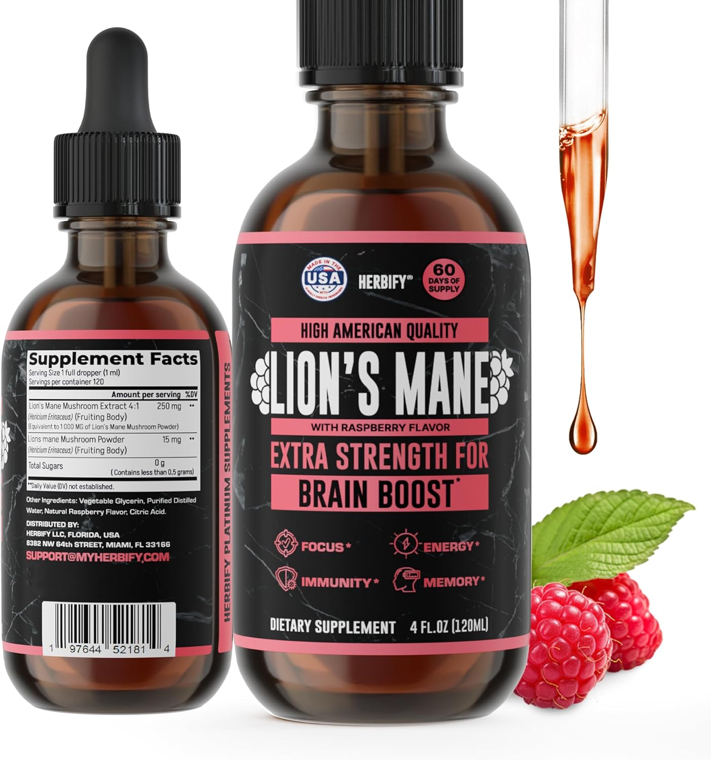 HERBIFY Lions Mane Supplement - Daily Mushroom Supplement for Memory, Focus & Clarity - Brain Booster - Lions Mane Tincture for Natural Immune Support - 4 Fl Oz Raspberry Flavor