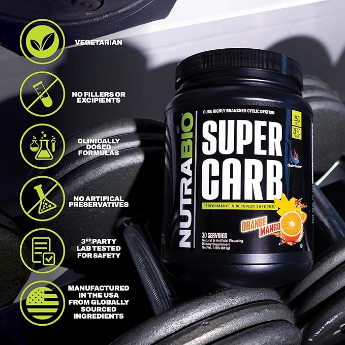 NutraBio Super Carb, Carbohydrate Powder with Cluster Dextrin & Electrolytes, Advanced Carb Supplement Powder for Workout Fuel, Performance, and Muscle Recovery, Cyclic Dextrin, Orange Mango, 30 Sv