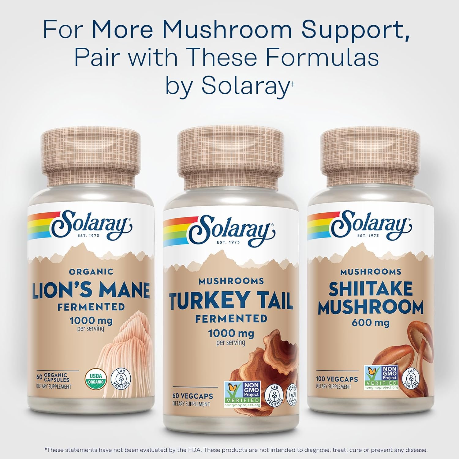 SOLARAY Fermented Turkey Tail Mushroom Supplement 1000mg - Overall Wellness Support - Turkey Tail Mushroom Capsules with Organic Mushrooms - Vegan, Non-GMO, Lab Verified, 60-Day Guarantee, 30 Servings