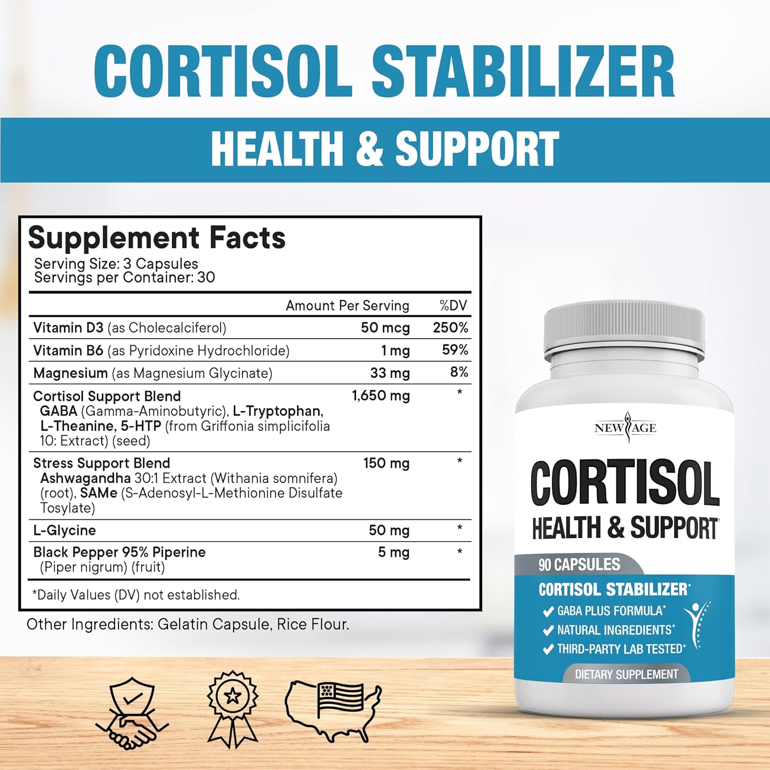 NEW AGE Cortisol Supplement for Women - Cortisol Detox Manager Reducer- Ashwagandha, GABA, 5 HTP, L-Tryptophan, L-Theanine - 90 Count