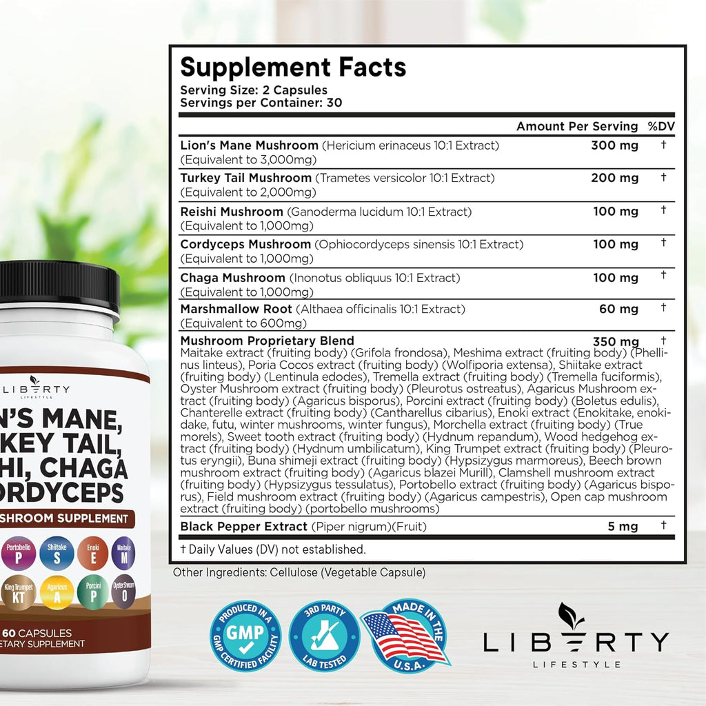 Lions Mane Mushroom Supplement with Turkey Tail Reishi Cordyceps Chaga with Marshmallow Root - 3-Pack