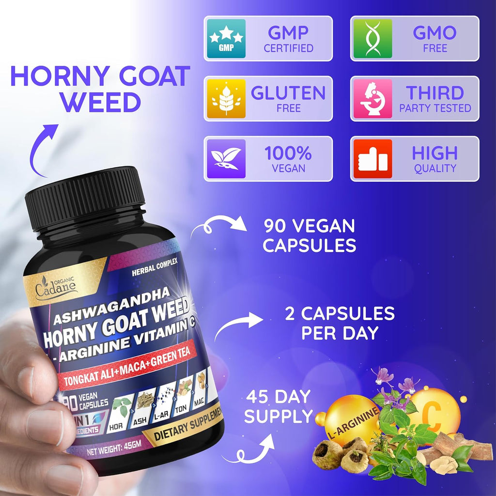 Organic Cadane Horny Goat Weed Supplement - 7in1 Blended with VIT C, Ashwagandha Root, L-Arginine & More - 90 Capsules