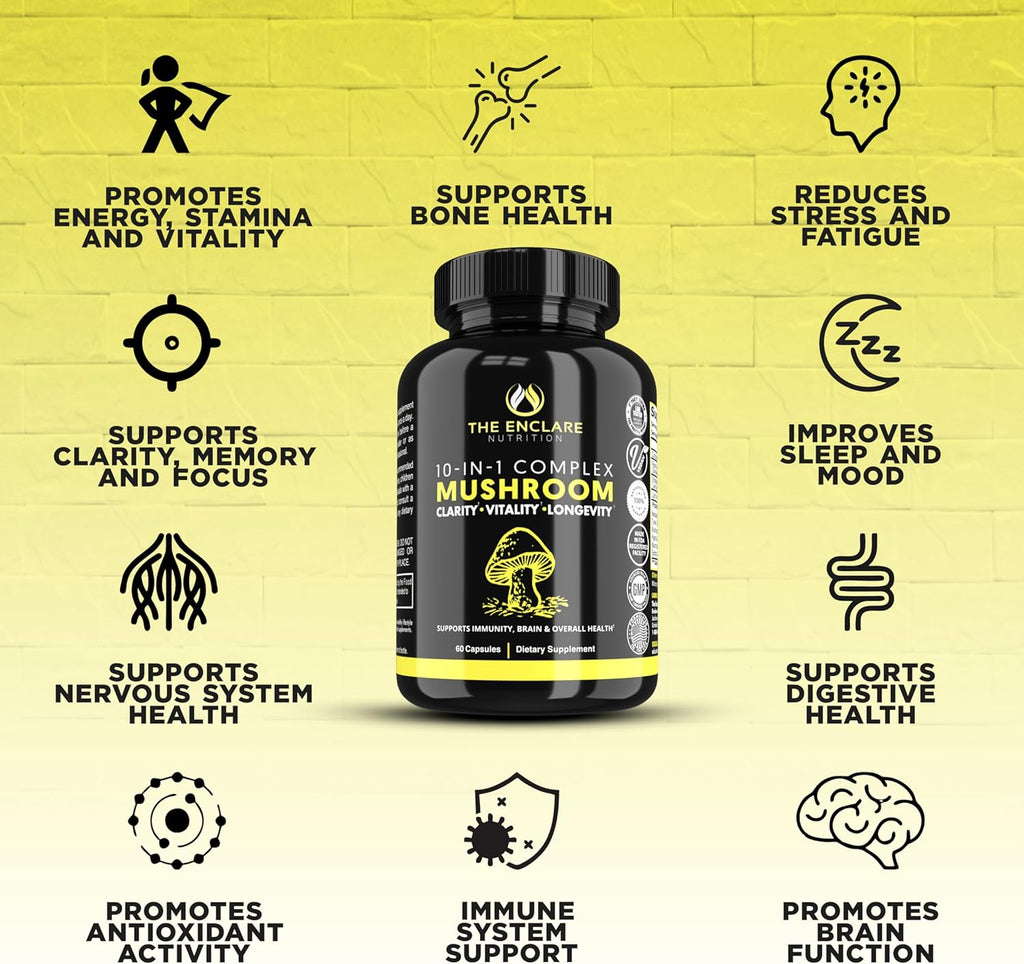 THE ENCLARE NUTRITION Mushroom Supplement - 10in1 Complex Immune Support, Energy, Nootropic Brain, Immunity Booster Lions Mane,Reishi,Turkey Tail,Cordyceps,Chaga,Maitake,Shiitake,Agaricus(3)