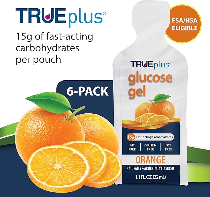 TRUEplus Glucose Gel Pouch, Orange Flavor, 15g Fast-Acting Carbohydrates, Fat Free, Gluten Free, Quick Support for Low Blood Sugar and Energy, 6 Pack