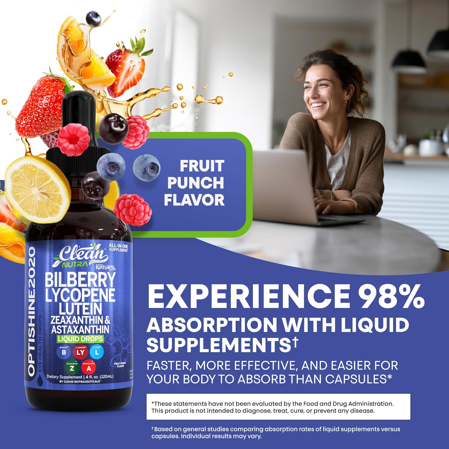 Clean Nutra Eye Vitamins Liquid Drops | Bilberry Lutein & Zeaxanthin Lycopene Astaxanthin | All-in-One Care for Eyes | Eye Health Support Vitamin and Mineral Supplement Fruit Flavor