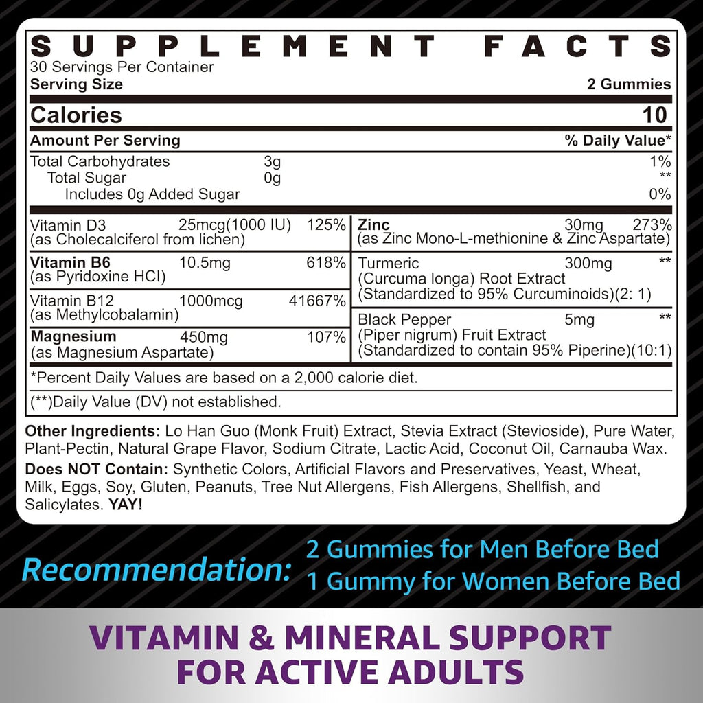 Zinc and Magnesium Supplement, Zinc Magnesium Aspartate Post Workout Gummies for Men Women, with Vitamin B6, B12, D3, Turmeric for Nighttime Recovery, Reduce Fatigue, Boost Immunity & Sleep, 60 Count