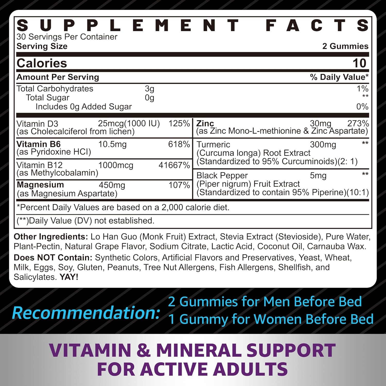 Zinc and Magnesium Supplement, Zinc Magnesium Aspartate Post Workout Gummies for Men Women, with Vitamin B6, B12, D3, Turmeric for Nighttime Recovery, Reduce Fatigue, Boost Immunity & Sleep, 120 Count