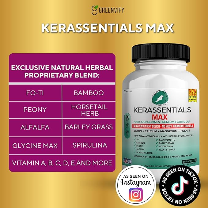 Kerassentials Max - Hair, Skin & Nails Support Supplement | Biotin, Calcium, Magnesium, Folate & Herbal Blend | Premium Formula | 120 Capsules, Vegan & Gluten-Free