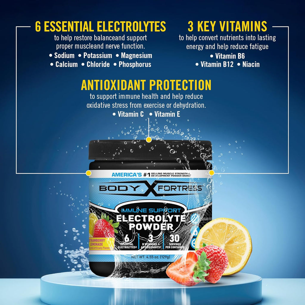 Body Fortress Electrolyte Powder Strawberry Lemonade - Rapid Hydration Drink Mix with 6 Essential Electrolytes & 3 B Vitamins - Sugar Free, Keto Friendly, No Color Added, Clear Hydration - 30 Servings
