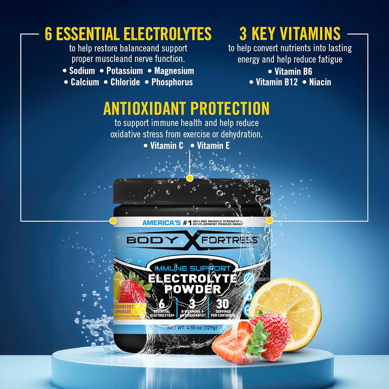 Body Fortress Electrolyte Powder Strawberry Lemonade - Rapid Hydration Drink Mix with 6 Essential Electrolytes & 3 B Vitamins - Sugar Free, Keto Friendly, No Color Added, Clear Hydration - 30 Servings