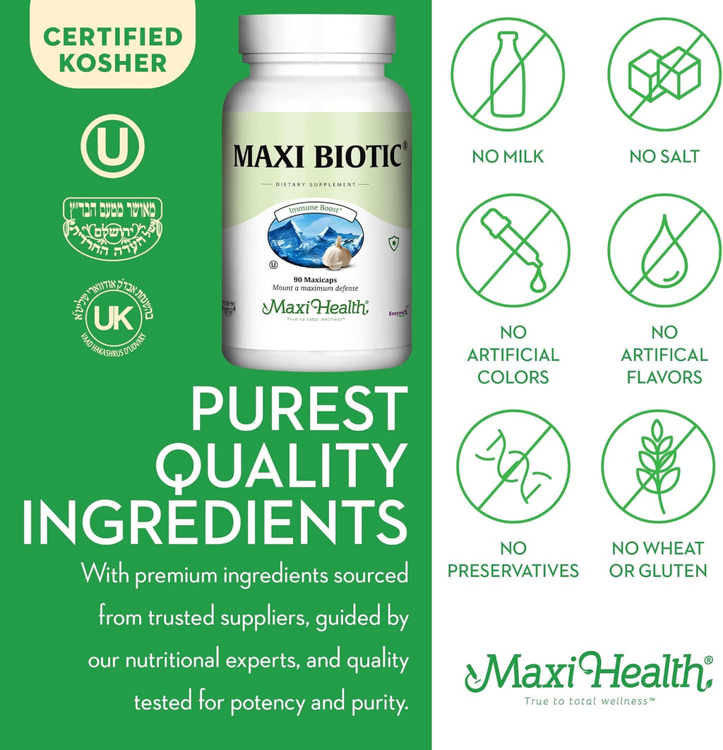 Maxi Health - Maxi Biotic Aged Garlic Extract Capsules (90 Count) | Kyolic Garlic Supplement with Spirulina, Echinacea, Oregano and Enzymax - Natural Antioxidant - Wellness Support