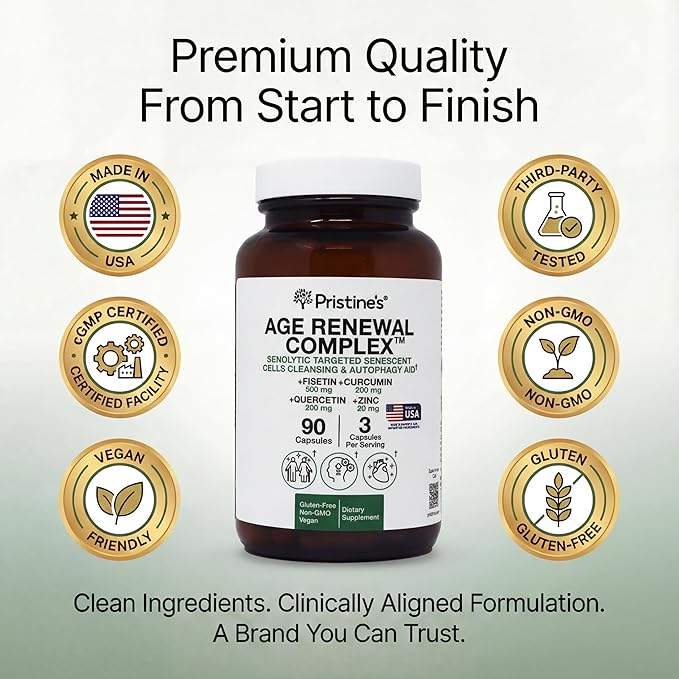 PRISTINE'S Senolytic Anti Aging & Autophagy Aid Age Renewal Complex - Senescent Cell Removal Support - Fisetin, Quercetin, Curcumin, Zinc - Gluten Free, Non-GMO, Vegan, USA Made
