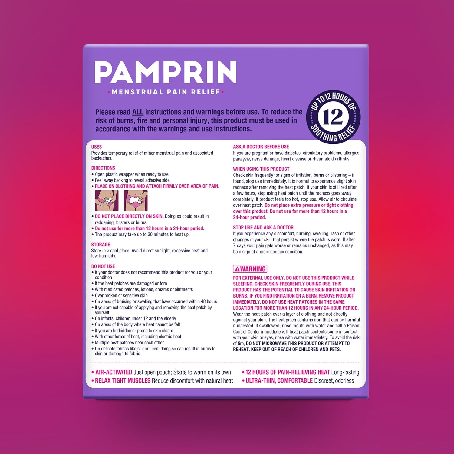Pamprin Heat Relief Menstrual Patches for Portable Menstrual Pain Relief of Cramps and backaches, 3 Count