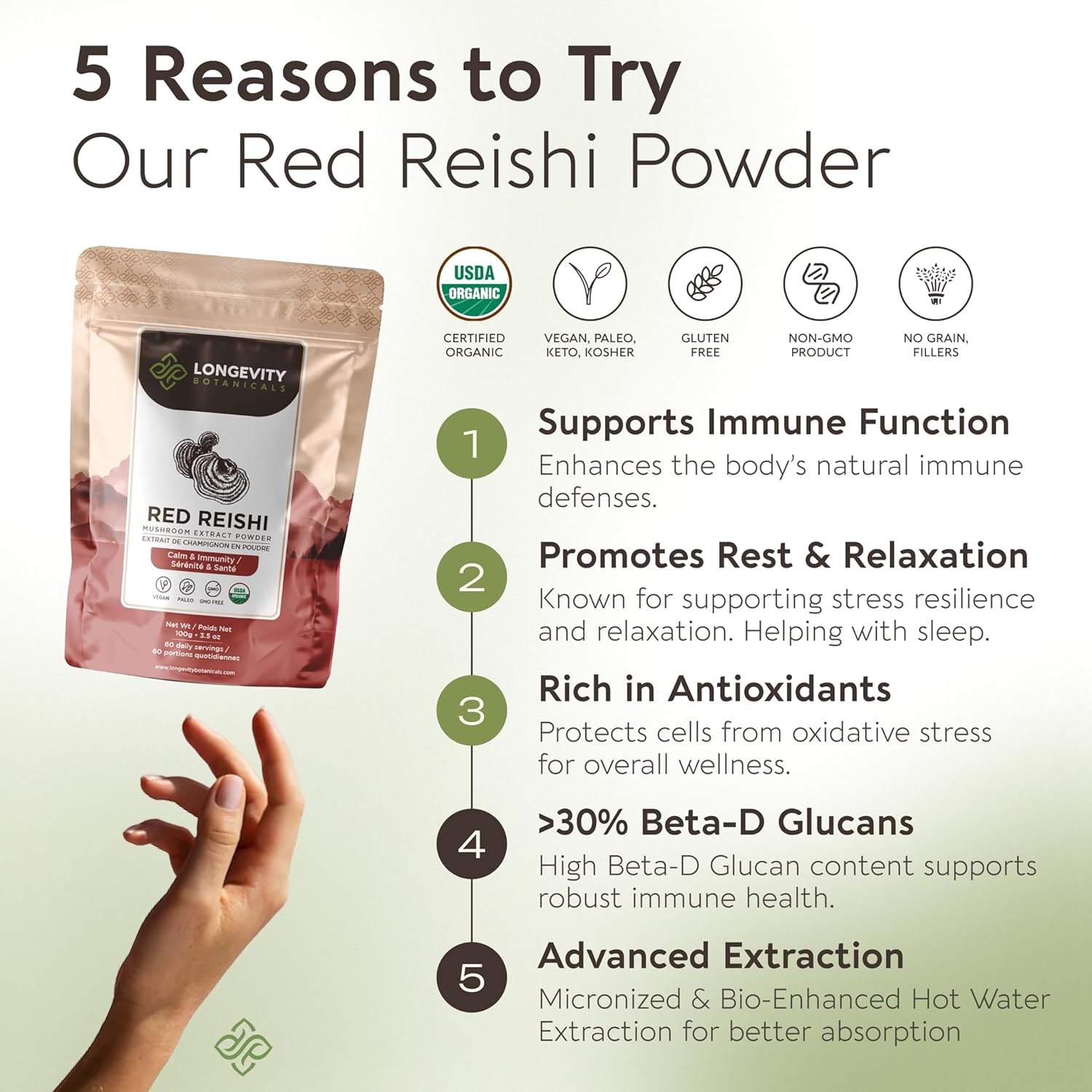 Longevity Botanicals Organic Reishi Mushroom Extract Powder 100g | Concentrated 10:1 Ratio | 100% Fruiting Bodies | Lingzhi (Ganoderma lucidum) Natural Supplement for Immune, Stress & Sleep Support