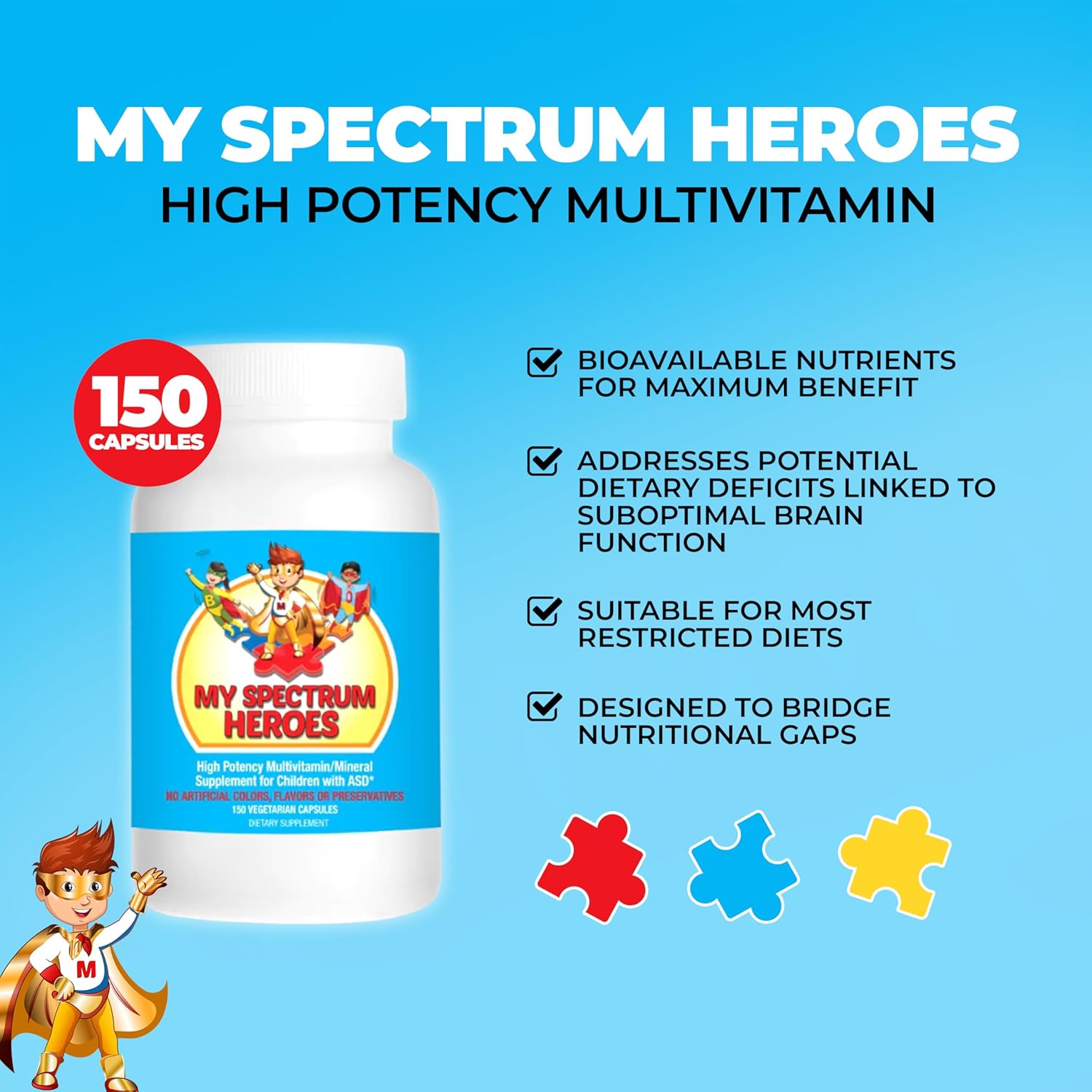 Children's Multivitamin Supplement - Acetyl-l-carnitine, Choline, Coenzyme Q10, Inositol, MSM, MTHF, NAC for Daily Nutritional Help and Cognitive Health (150 Capsules)