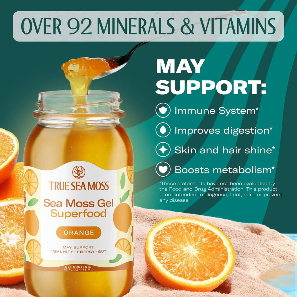 TrueSeaMoss Sea Moss Gel – Made in USA – Wildcrafted Seamoss, Fresh Fruits & Sea Vegetables – Orange, Pack of 1 (Labels may Vary)