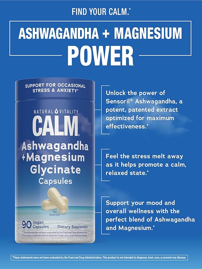 Natural Vitality Calm Ashwagandha + Magnesium Glycinate Capsules | Support for Occasional Stress & Anxiety | Gluten Free Supplement | 90 Count