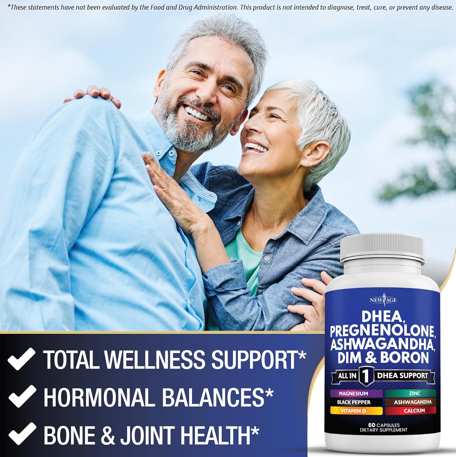NEW AGE DHEA Supplement - Pregnenolone for Men & Women with DIM, Ashwagandha, Boron, Calcium, Magnesium, Zinc, Vitamin D3 5000iu - Support Capsules - 180 Count