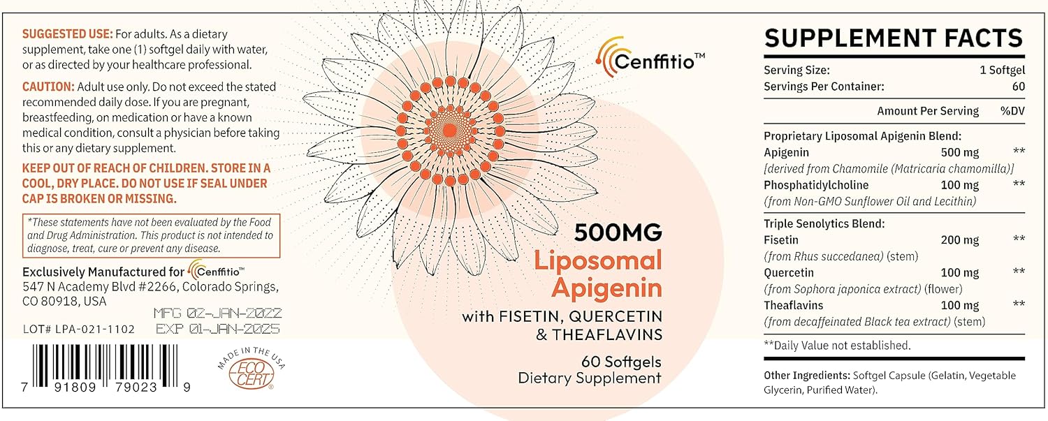 Liposomal apigenin 500mg Softgels - Optimal Apigenin Supplement with Fisetin, Quercetin and Theaflavins - 8 Month Supply