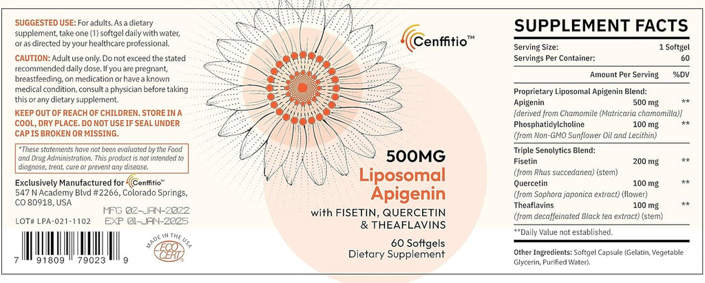 Liposomal apigenin 500mg Softgels - Optimal Apigenin Supplement with Fisetin, Quercetin and Theaflavins - 6 Month Supply