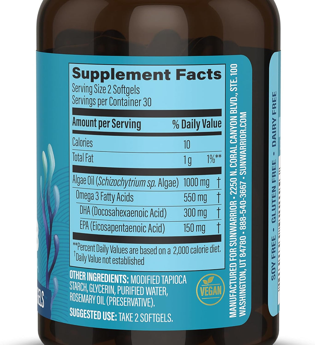 Vegan Omega 3 Algae Oil Plant-Based DHA & EPA from Algae Oil | 550mg Omega-3s per Softgel with 300mg DHA & 150mg EPA | Heart, Brain, & Vision Support | Non-GMO Carrageenan-Free Sustainable 30 Servings