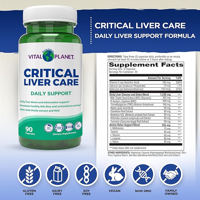 Vital Planet – Critical Liver Care Liver Cleanse Detox & Repair Daily Support with Milk Thistle, NAC Supplement N-Acetyl Cysteine, Dandelion, Turmeric, Berberine, Alpha Lipoic Acid, TMG, 90 Capsules